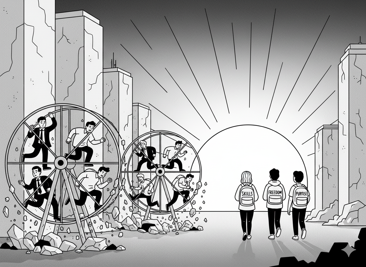 A surreal cityscape where office workers in suits are running on hamster wheels, but the wheels are crumbling into dust. In the background, a group of young people in casual clothes walk away toward a sunlit horizon, carrying backpacks labeled "Skills," "Freedom," and "Purpose." The art style is a mix of dystopian realism and hopeful symbolism, with stark contrasts between the gray corporate world and the vibrant path ahead.