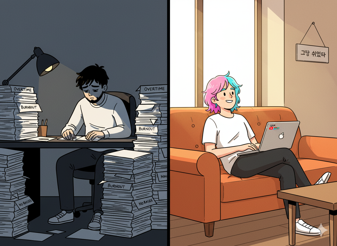 A split-screen illustration: On the left, a tired office worker sits at a desk stacked with papers labeled "Overtime," "Burnout," and "No Raises." On the right, a relaxed Gen Z’er lounges in a café, laptop open to a side hustle (e.g., Etsy shop, YouTube analytics), with a sign saying "Just Rested" in Korean. The style is modern anime-meets-editorial, with bold colors and dynamic lighting.
