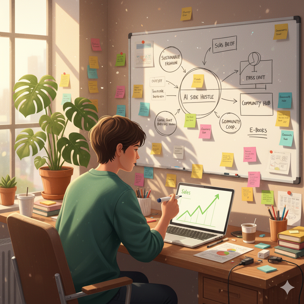 A young person at a cluttered desk, sketching a business plan on a whiteboard while surrounded by sticky notes with ideas like "Sustainable Fashion," "AI Side Hustle," and "Local Farm Co-op." A laptop shows a rising sales graph, and a plant on the desk thrives under sunlight. The style is warm, textured, and semi-realistic, evoking creativity and determination.