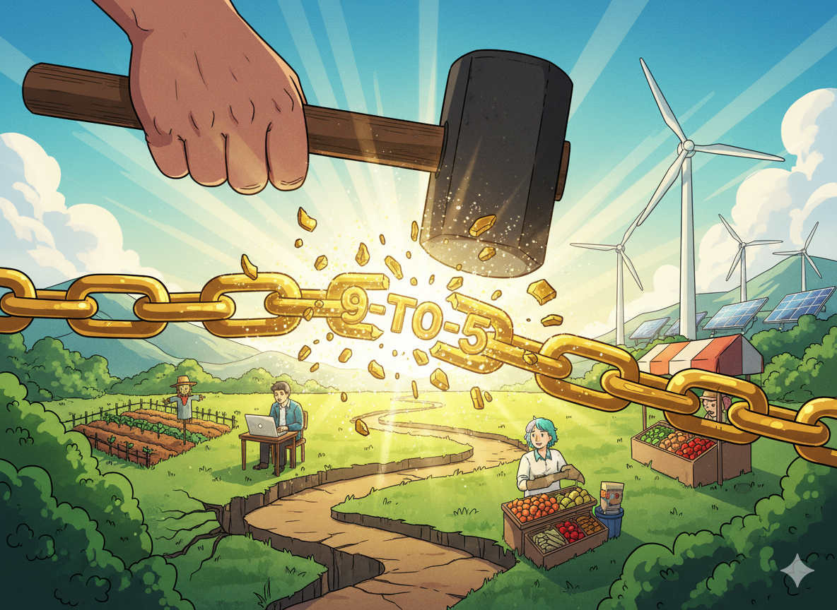 A hand smashing a golden chain labeled "9-to-5" with a hammer, revealing a hidden path beneath. The path leads to a diverse landscape of opportunities: a farm, a laptop (remote work), a market stall, and a renewable energy project. The style is symbolic and cinematic, with dramatic lighting and a color palette shifting from metallic gold (the chain) to lush greens and blues (freedom).